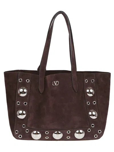 Valentino Garavani Medium Brown Leather Tote With Ball Studs And Eyelet Details