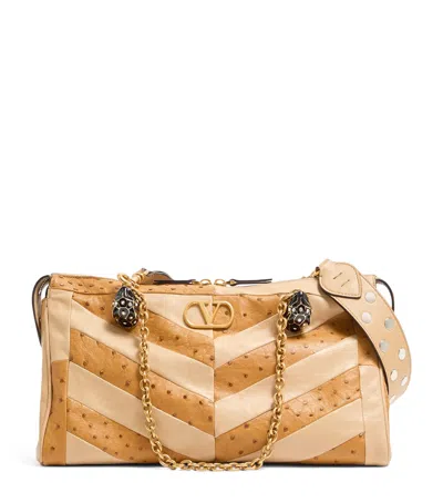 Valentino Garavani Medium Ostrich Leather Panthea Tote Bag In Beige