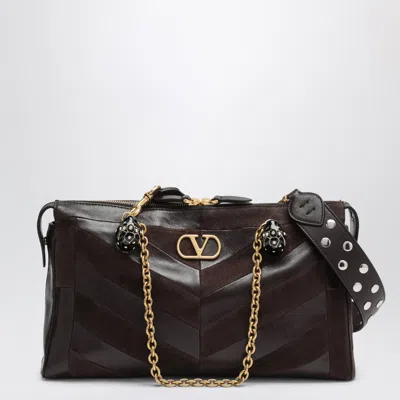 Valentino Garavani Medium Panthea Shoulder Bag In Suede And Nappa Leather With Chevron Pattern In Brown