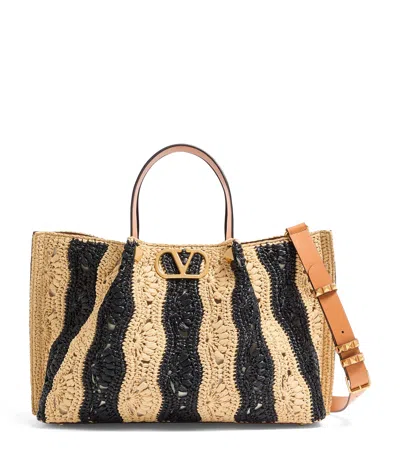 Valentino Garavani Medium Raffia Vlogo Tote Bag In Black