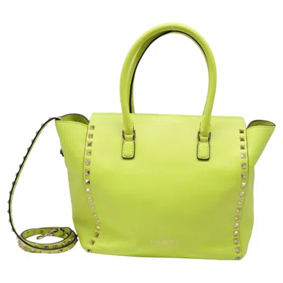 Pre-owned Valentino Garavani Medium Rockstud Double Handle Tote Bag In Neon Yellow Leather