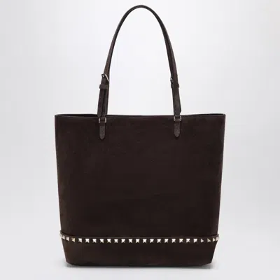 Valentino Garavani Medium Rockstud Shopper Bag In Ebony Brown And Black Suede
