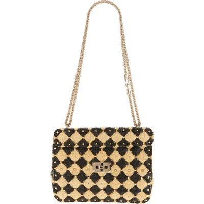 VALENTINO GARAVANI VALENTINO GARAVANI MEDIUM ROCKSTUD SPIKE CHECK RAFFIA SHOULDER BAG