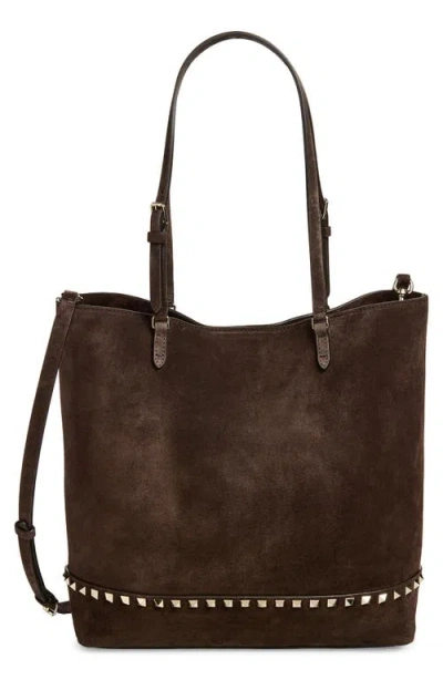 Valentino Garavani Medium Rockstud Shopper Bag In Ebony Brown And Black Suede