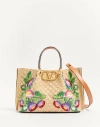 Valentino Garavani Medium Shopping Bag In Raffia With Floral Embroidery Woman Natural/multicolour Un In Natural/multicolour/camel