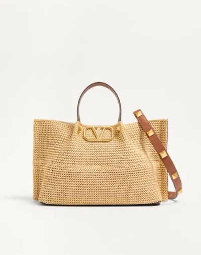 Valentino Garavani Medium Straw Summer Tote Woman Saddle Brown/natural/rouge Pur Uni
