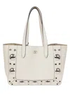 Valentino Garavani Medium Textured Leather Tote With Ball Studs And Signature Logo In White
