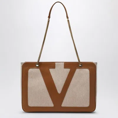 Valentino Garavani Medium Viva Superstar Bag In Natural/spice Canvas In Sand