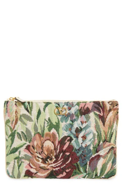 Valentino Garavani Medium Vlogo Floral Jacquard Zip Pouch In Gray