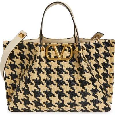 Valentino Garavani Medium Vlogo Signature Houndstooth Raffia Tote In Multi