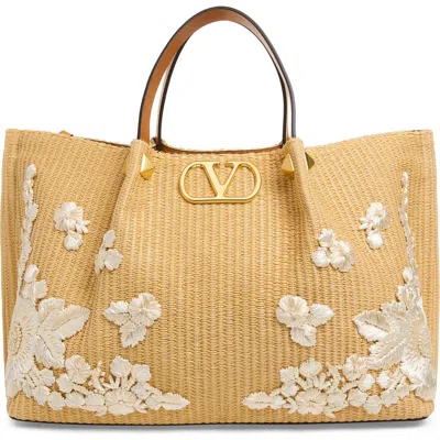 Valentino Garavani Medium Vlogo Signature Raffia Tote In Brown