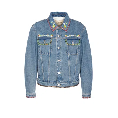 Valentino Garavani Men Beaded Embroidery And Printed Edges Denim Jacket In Blue