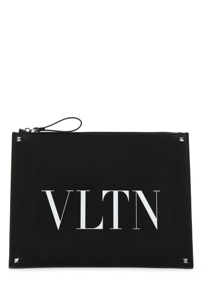 Valentino Garavani Men Black Leather Vltn Clutch