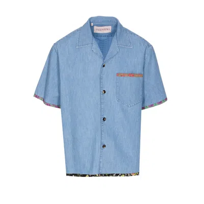 Valentino Garavani Men Denim Bowling Shirt With Floreal Patterned Profiles In Blue