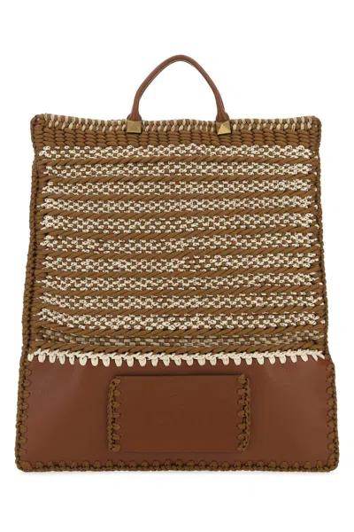 Valentino Garavani Men Multicolor Crochet And Leather Shopping Bag In Brown