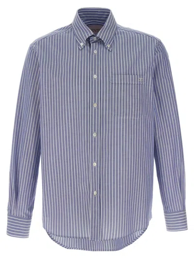 Valentino Logo Shirt With Vertical Stripes And Front Pocket In Blue
