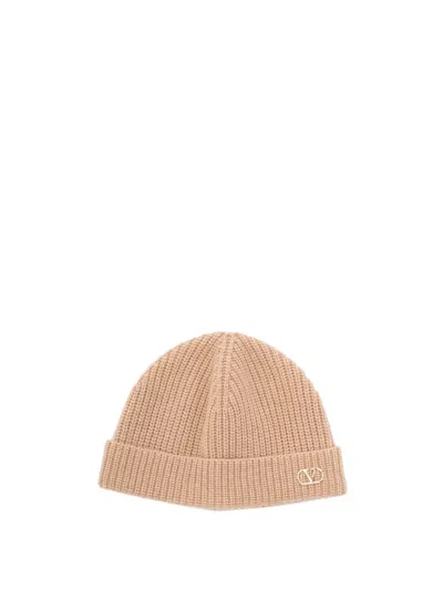 Valentino Garavani Metal `vlogo` Cachemire Knitted Beanie In Brown