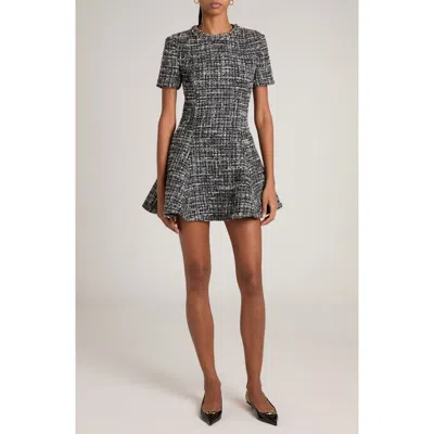 Valentino Tweed Crystal Collar Fit-flare Wool Mini Dress In Nero/grigio/argento