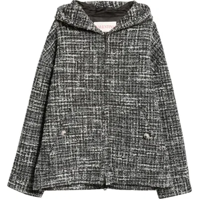 Valentino Double Tweed Hooded Jacket In Black