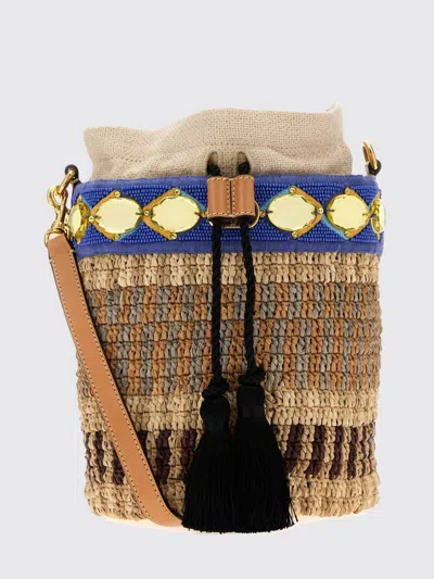 Valentino Garavani Vlogo Signature Mini Bucket Bag In Raffia With Embroidery In Brown