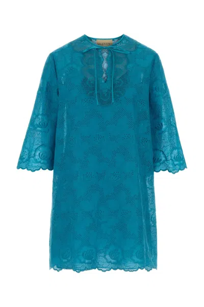 Valentino Tie-detailed Broderie Anglaise Cotton Mini Dress In Blue