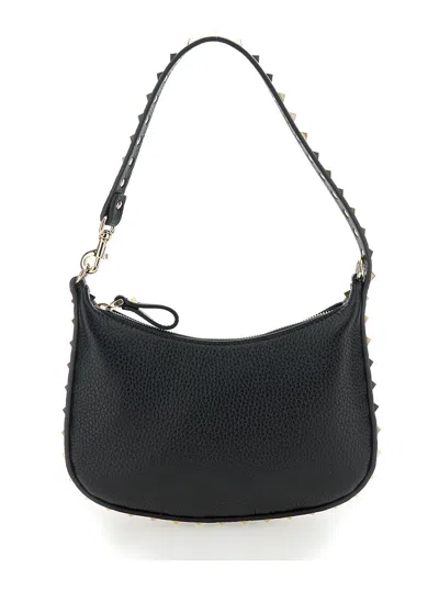 Valentino Garavani 'mini Hobo Rockstud' Black Shoulder Bag With Studs In Grainy Leather Woman In Multicolor