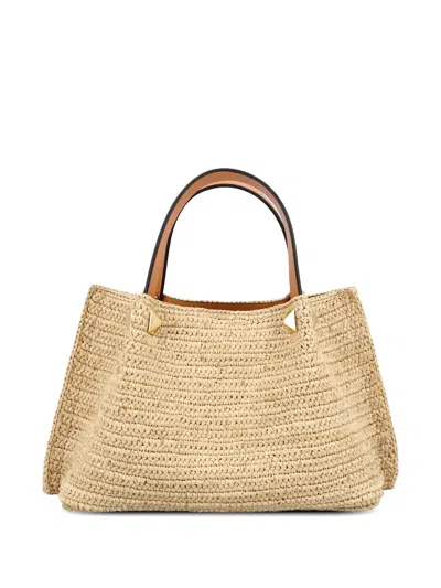Valentino Garavani Mini Raffia Bag With Antique Brass Hardware And Adjustable Strap In Neutral