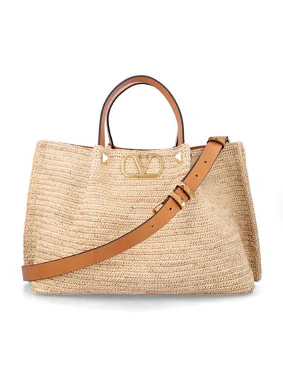 Valentino Garavani Mini Raffia Shopping Handbag With Metallic Vlogo Signature And Adjustable Strap In Neutral