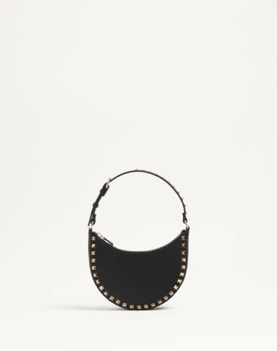 Valentino Garavani Mini Rockstud Hobo Bag In Grainy Calfskin Woman Black Uni In Noir