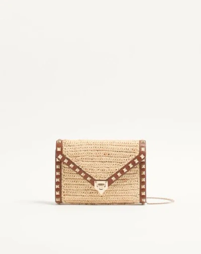 Valentino Garavani Mini Rockstud Raffia Shoulder Bag Woman Natural/saddle Brown Uni