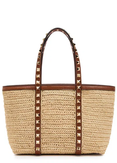 Valentino Garavani Mini Rockstud Raffia Tote Bag In Orange