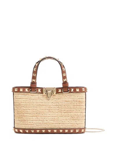 Valentino Garavani Mini Rockstud Shopping Bag In Raffia In Neutral