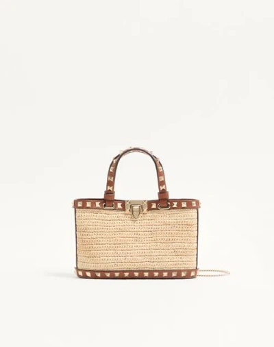 Valentino Garavani Mini Rockstud Shopping Bag In Raffia Woman Natural/saddle Brown Uni