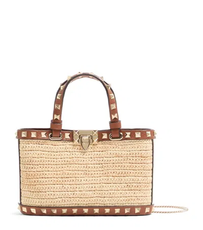 Valentino Garavani Mini Straw Rockstud Top-handle Bag In Pink
