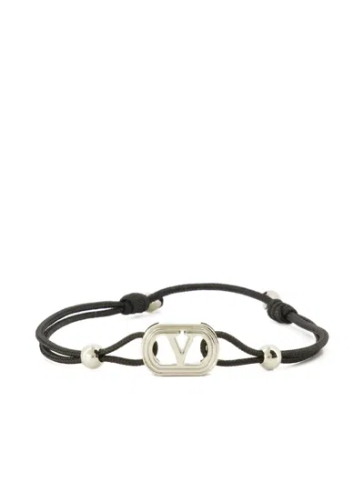 Valentino Garavani Mini Vlogo Adjustable Cotton Bracelet - 15x10 Mm In Black