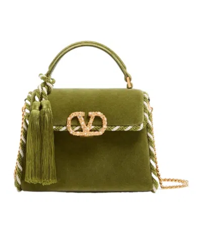 Valentino Garavani Mini Vsling Handbag In Velvet With Jewel Logo In Green