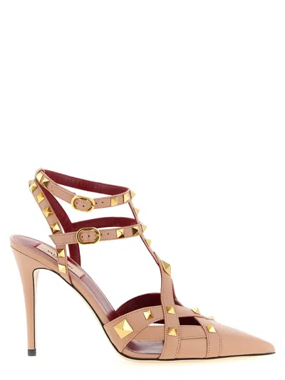 Valentino Garavani Studdy T-strap Stiletto Heel Pumps In Goatskin Leather In Pink