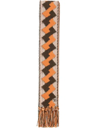 Valentino Garavani Multicolor Jacquard Scarf With Fringed Edges In Beige