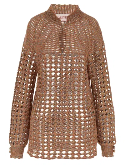 Valentino Garavani Openwork Linen Cardigan In Brown