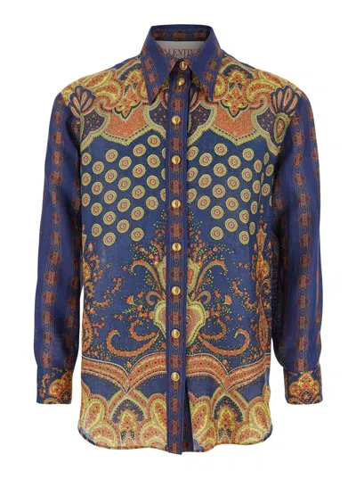 Valentino Garavani Multicolor Shirt With All-over Graphic Print In Linen Woman In Multicolour