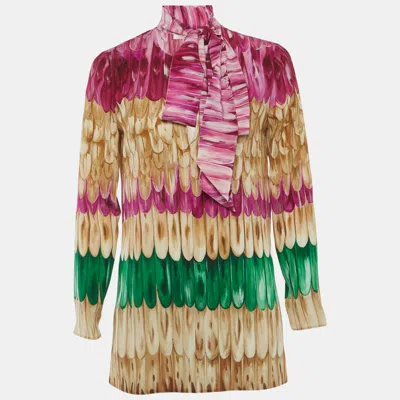 Pre-owned Valentino Garavani Multicolour Feather Print Silk Scarf-neck Blouse S