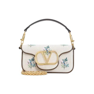 Valentino Garavani Natural Beige Linen Small Shoulder Bag In White