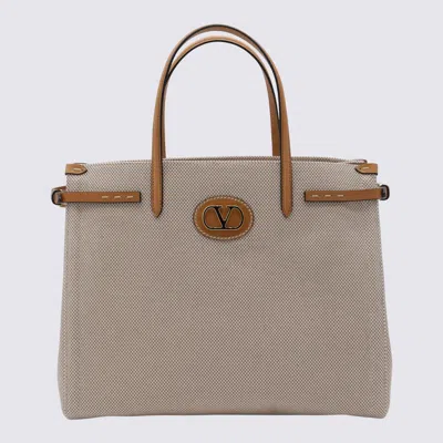Valentino Garavani Natural Cotton And Leather Antibes Tote In Sand