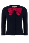 Valentino Wool Cardigan With Ribbed Cuffs And Bow Detail In Blue