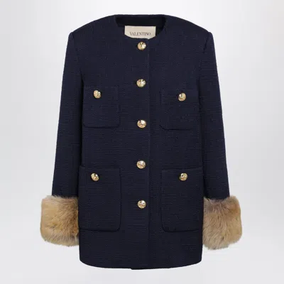 Valentino Garavani Navy Peacoat In Wool Tweed In Blue
