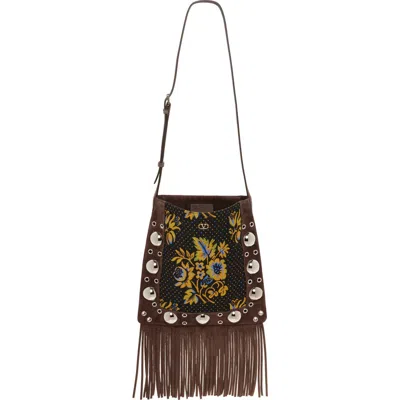 Valentino Garavani Nellcôte Fringed Leather Crossbody Bag In Brown Multi