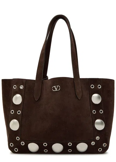 Valentino Garavani Nellcôte Medium Studded Suede Tote In Brown