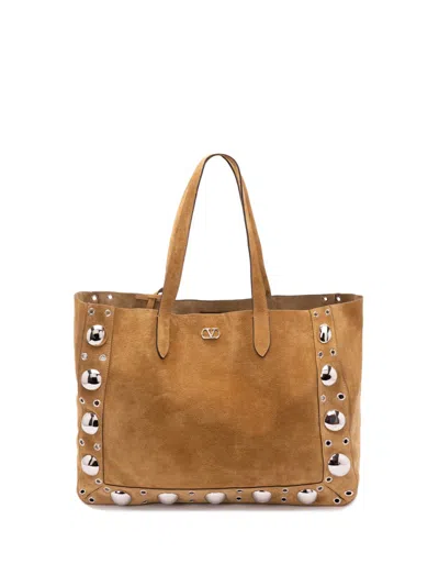 Valentino Garavani `nellcote` Multi Studs Logo Large Leather Tote In Brown