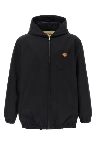 Valentino Garavani Nylon Hooded Jacket With Drawstring In Black