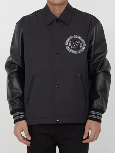 Valentino Garavani Nylon Track Bomber Jacket In Black